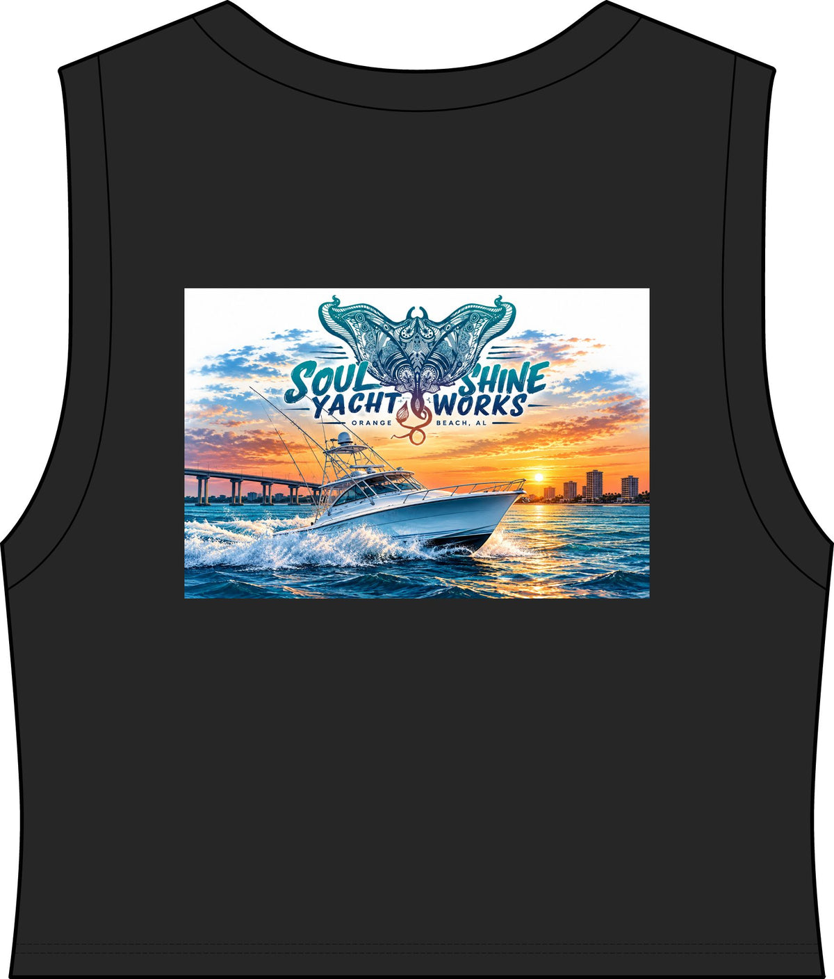 Soul Shine Yachtworks OB Women's Crop Tank – Orange Beach Manta Ray Sunset