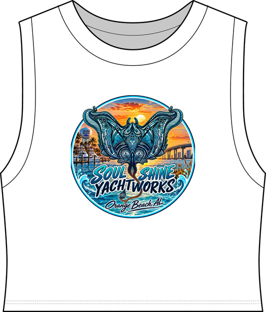 Soul Shine Yachtworks OB Women's Crop Tank – Orange Beach Manta Ray Sunset