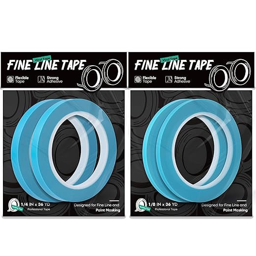 FOSHIO 4 Rolls Fine Line Tape, 2 Rolls 1/4 in x 36 yd and 2 Rolls 1/8 in x 36 yd