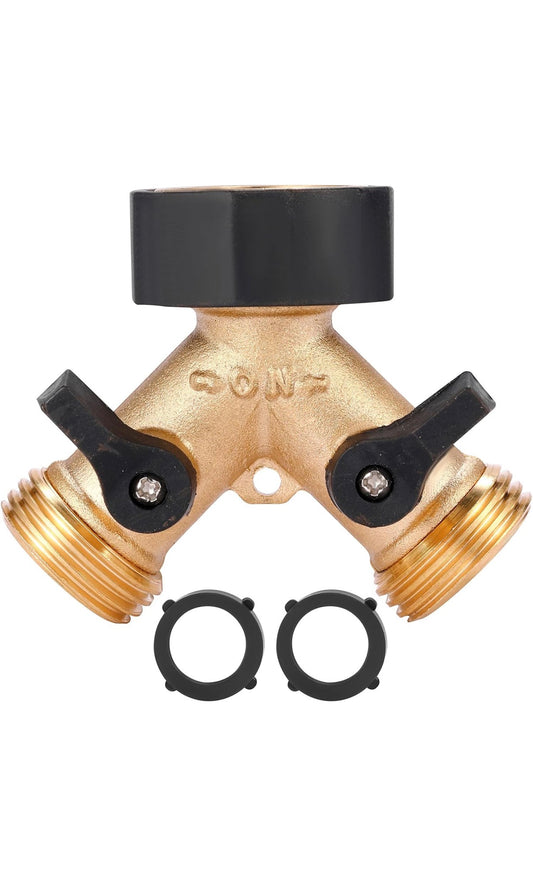 Garden Hose Splitter 2 Way Heavy Duty, Y Connector Brass Garden Hose Adapter, Hose Bib Splitter with 2 Extra Rubber Washers