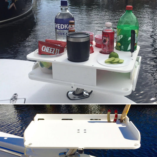 Docktail Boat Table Caddy & Bait Table with Rod Holder Mount