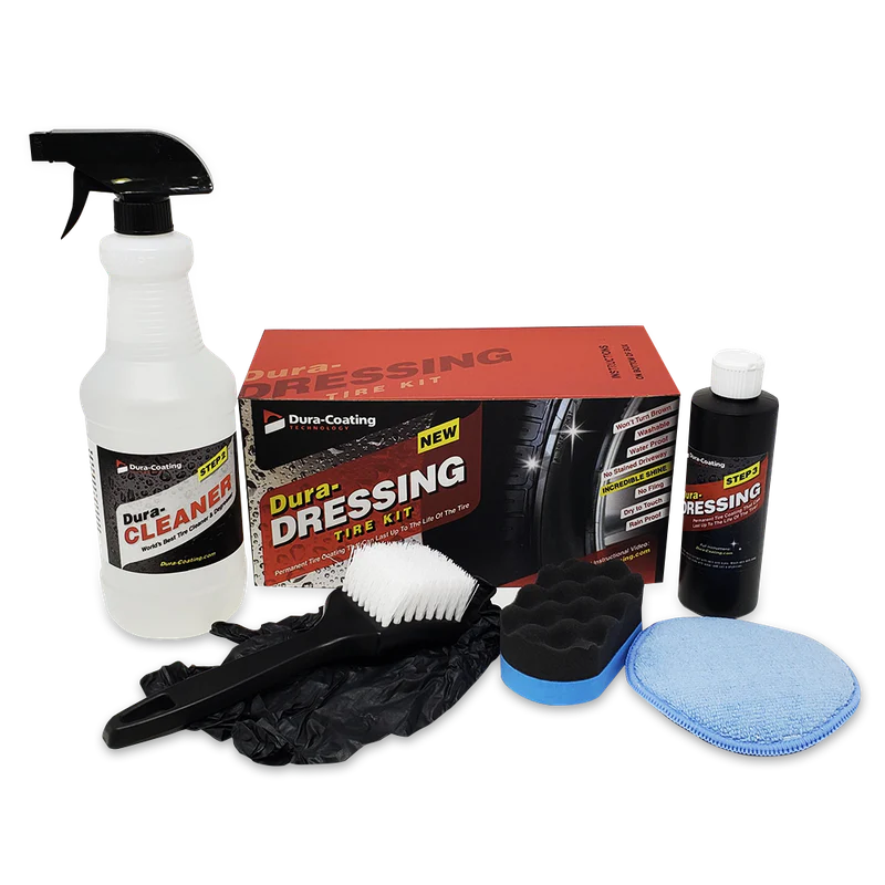 dura dressing Dura-Dressing XL Total Tire Kit - Double Size Car Kit - Tire Dressing, Cleaning and Restoration Kit for Cars - High Gloss Coating to Renew and Protect Your Tires follow instructions ***Tires will require several cleanings to remove existing silicone tire dressing DURA-DRESSING TOTAL TIRE KIT XL